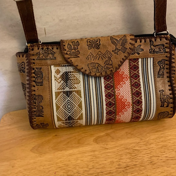 PERU CUSCO Handbags - PERU CUSCO WOMEN'S TEXTILE FABRIC
EMBOSSED LEATHER BOHO PURSE CROSSBODY
